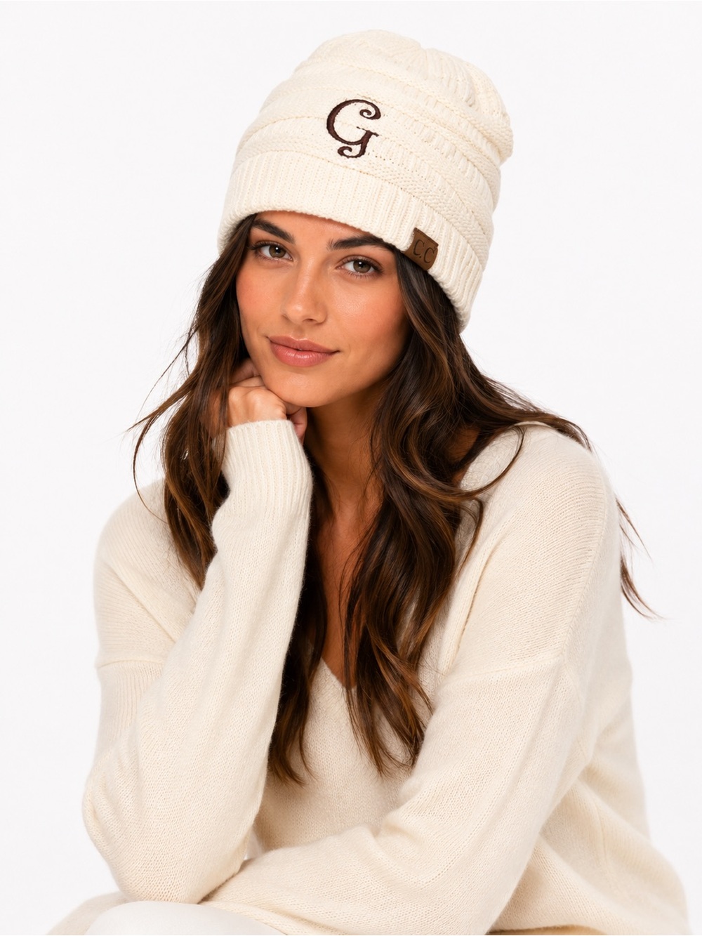NWT C.C G Monogram in Brown Cream Knit‎ Beanie